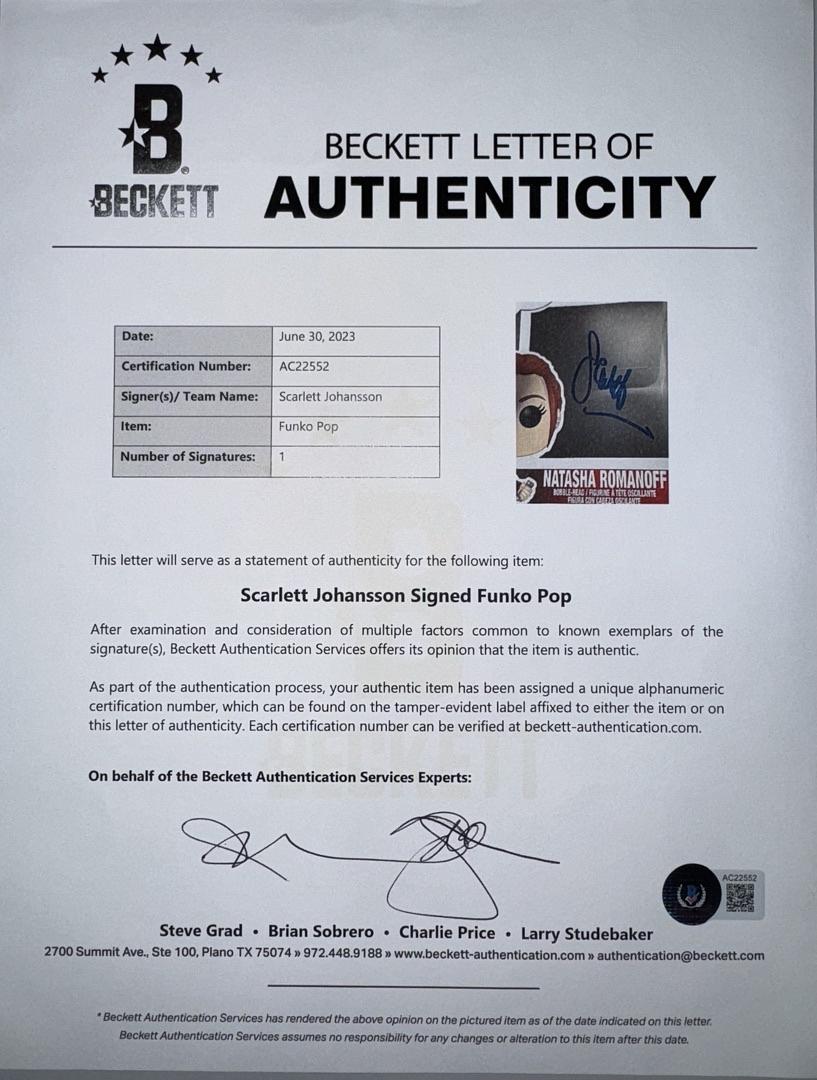 Scarlett Johanssen Signed Funko Pop #603 Natasha Romanoff (Avengers / Black Widow) *VERY RARE*  - Beckett COA w/full letter of authenticity
