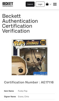 Chris Evans Signed Funko Pop #299 "Captain America" Avengers Infinity War (Black Ink) - Beckett COA