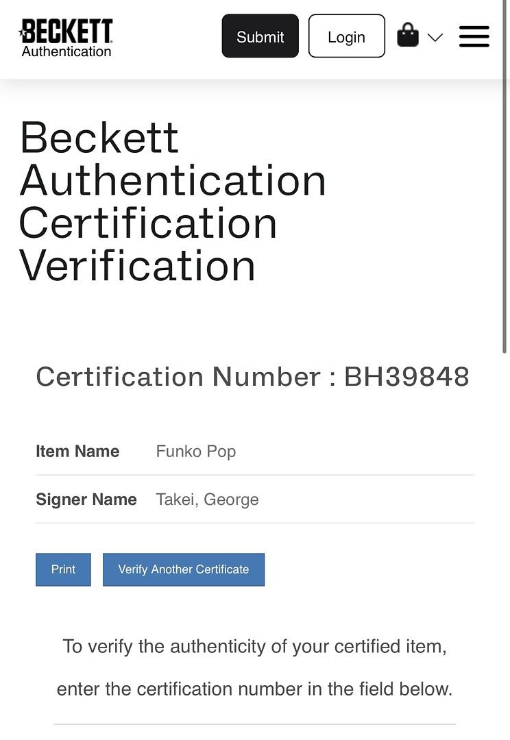 George Takei Signed Funko Pop #1140 "Sulu" (Star Trek) - Beckett COA #01