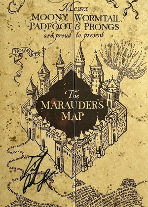 Daniel Radcliffe Signed 13x19 Marauders Map and together with cast signed Playbill (Harry Potter) - JSA COA