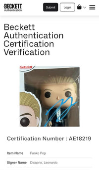 Leonardo DiCaprio Signed Funko Pop #706 "Jack" Titanic - Beckett COA #01 - full letter of authenticity
