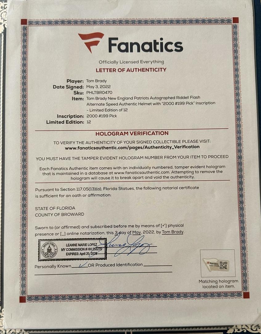 Tom Brady Autographed Patriots Helmet w/Inscription "2000 Pick #199" Fanatics & GOAT COA Limited /12