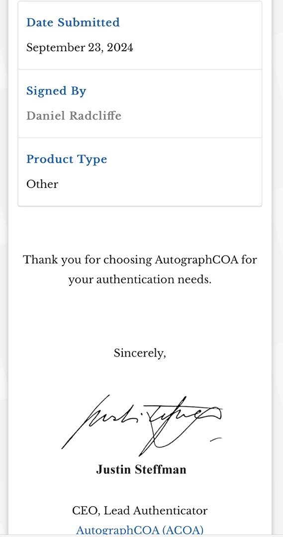 Daniel Radcliffe Signed Replica Hogwarts Train Ticket - ACOA #01