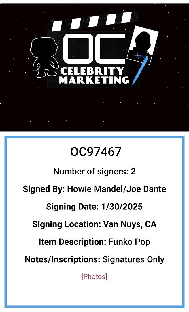 Howie Mandel Joe Dante Signed Funko Pop #1146 "Gizmo" (Gremlins) - OC Celebrity Marketing #02