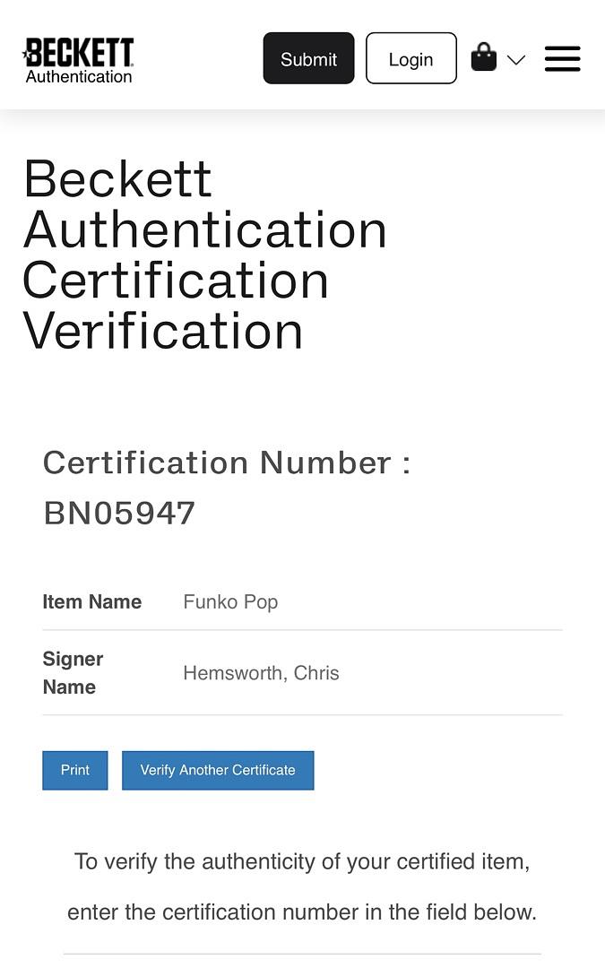 Chris Hemsworth Signed Funko Pop #1117 "Thor" Avengers Endgame - Beckett COA