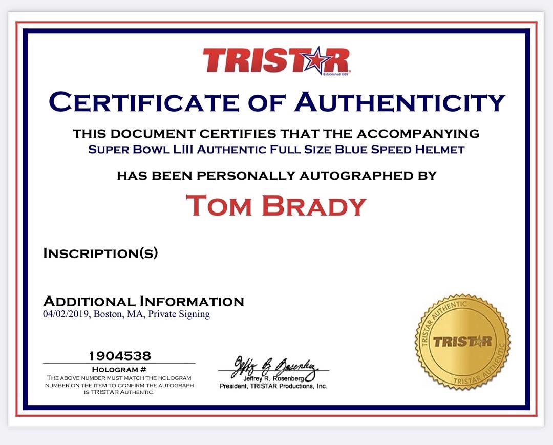Tom Brady Autographed Full Size Authentic Super Bowl LIII Helmet *RARE* Tristar & GOAT COA