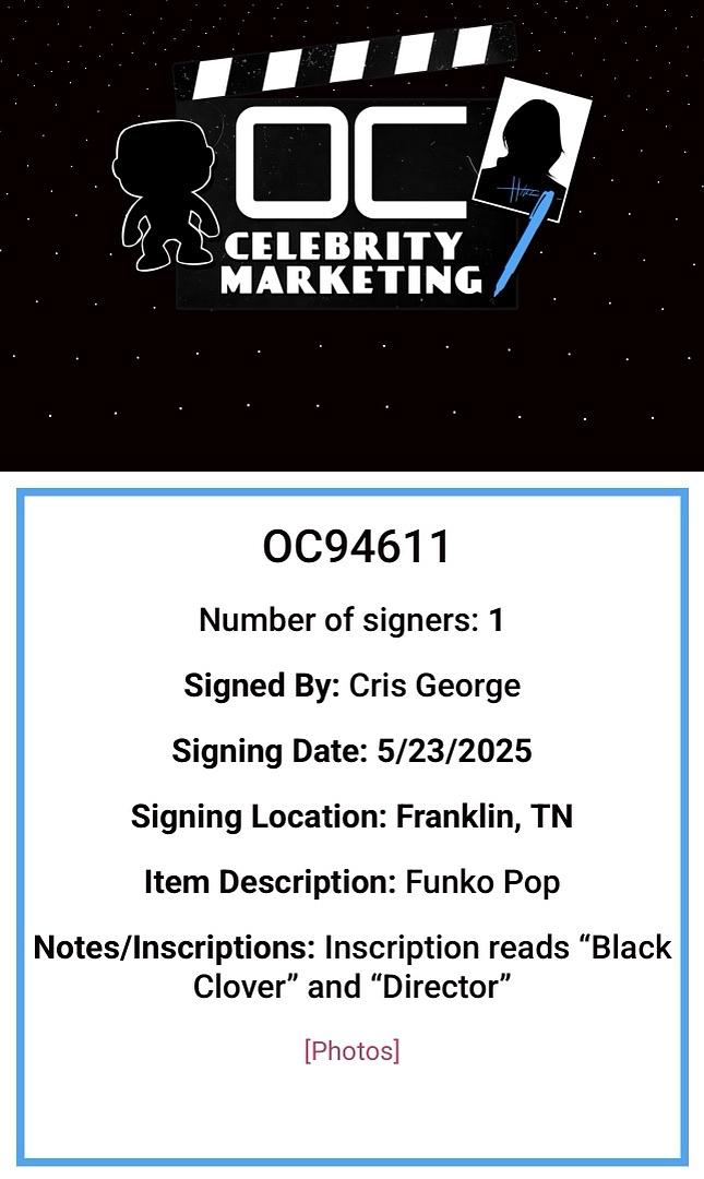 Cris George Signed Funko Pop #1423 Yami (Black Clover) - OC Celebrity Marketing