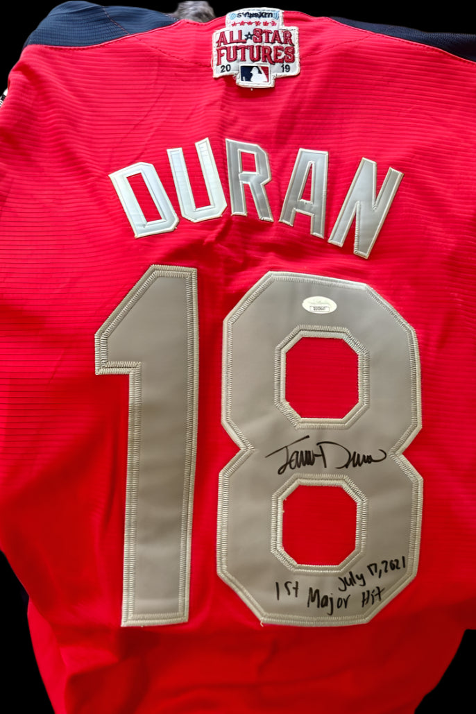 Jaren Duran Signed Red Sox Futures Game Jersey w/ First Hit Inscription - JSA COA
