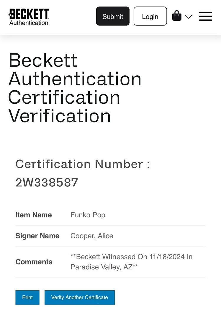 Alice Cooper Signed Funko Pop #68 "Schools Out" - Beckett COA #03