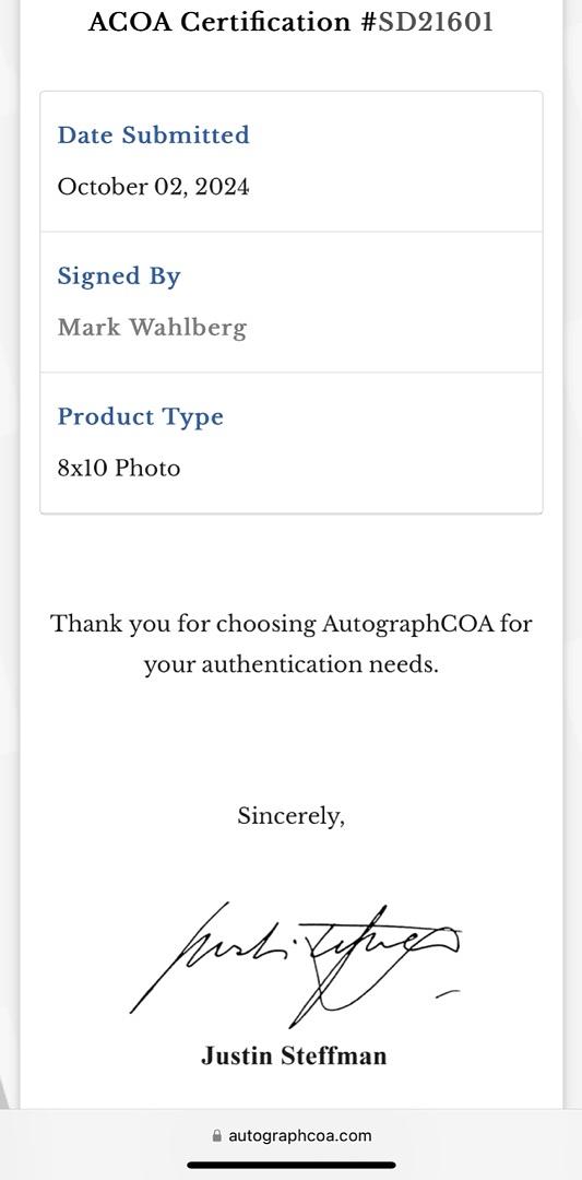 Mark Wahlberg Signed 8x10 Photo ("Marky Mark") - ACOA