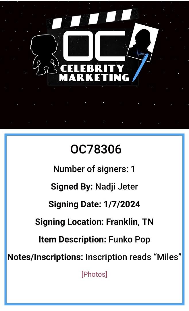 Nadji Jeter Signed Funko Pop #1448 "Miles Morales" (Spider-Man) - OC Celebrity Marketing