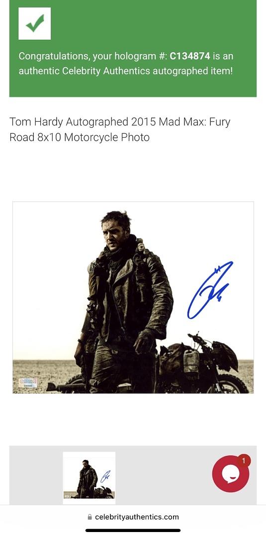 Tom Hardy Signed 8x10 Photo (Mad Max) - Celebrity Authentics