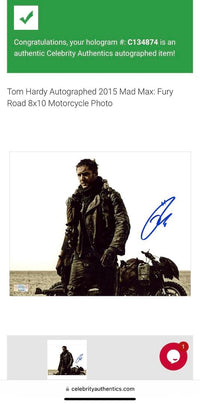Tom Hardy Signed 8x10 Photo (Mad Max) - Celebrity Authentics