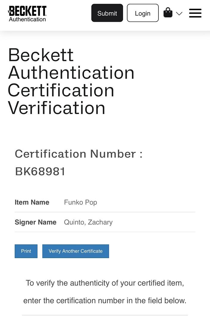 Zachary Quinto Signed Funko Pop SE "Spock" (Star Treck) - Beckett COA #02
