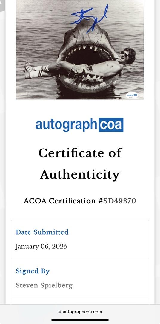 Steven Spielberg Signed 8x10 Photo (Jaws) - ACOA #02