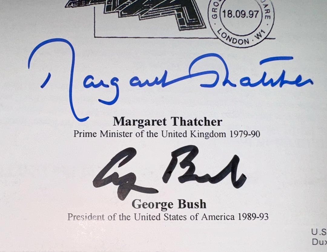 George Bush & Margaret Thatcher Signed FDC Postal Cachet - JSA COA