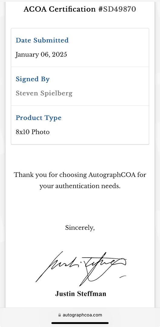 Steven Spielberg Signed 8x10 Photo (Jaws) - ACOA #02