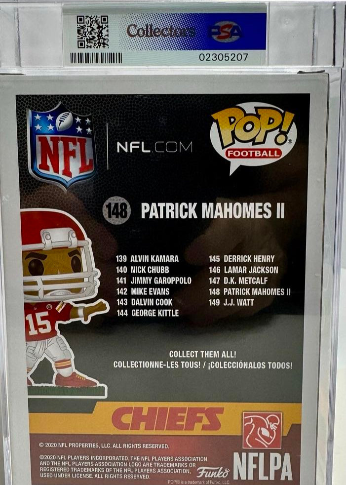 Patrick Mahomes Signed Kansas City Chiefs Funko Pop (White Ink) #148 - PSA Graded Near Mint, Authenticated / Encapsulated - Beckett & PSA COA