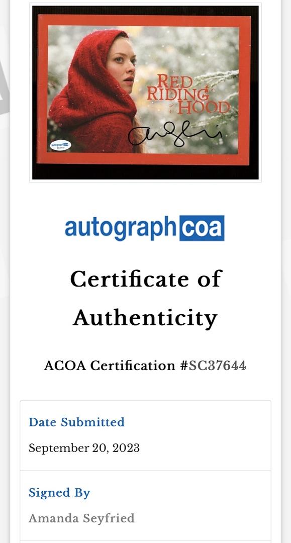 Amanda Seyfreid Signed 8x10 Program Photo (Red Riding Hood) - ACOA