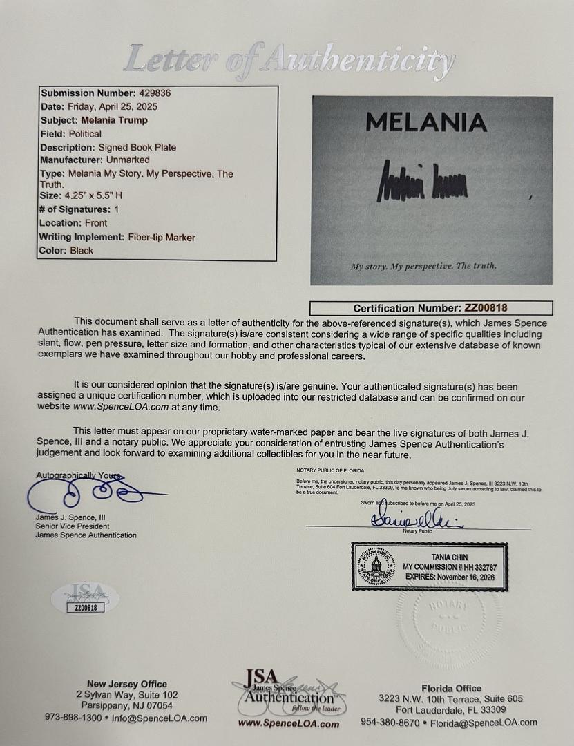 Melania Trump Autographed Collector's Edition "Melania" Book - JSA COA #01 w/full letter of authenticity