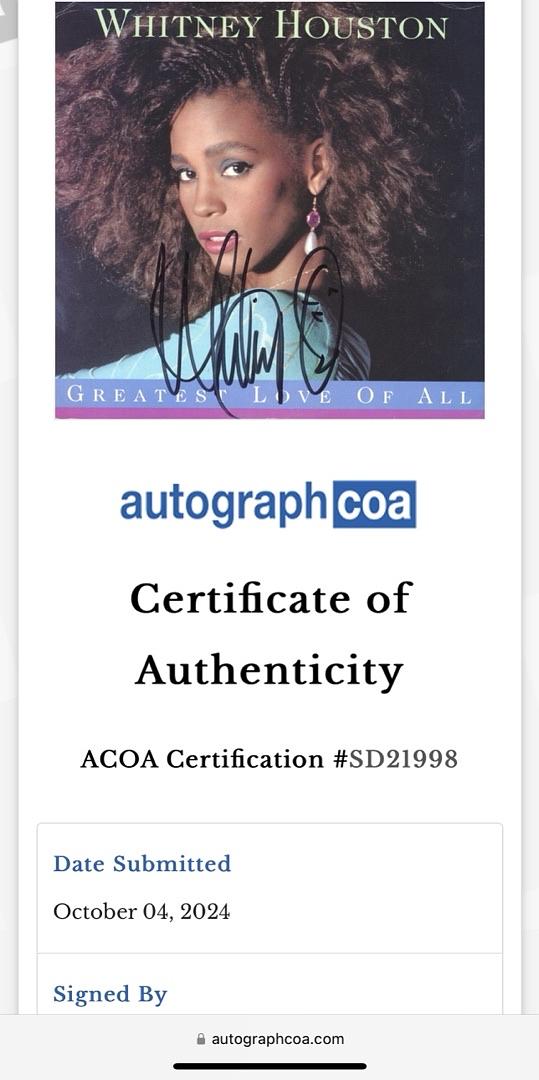 Whitney Houston Signed Album Cover (Greatest Love Of All)  - ACOA