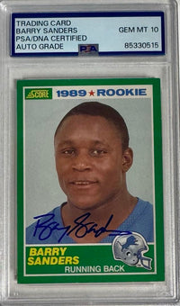 Barry Sanders 1989 Signed Score Rookie Card Auto Grade *RARE* - GEM MT 10 PSA/DNA