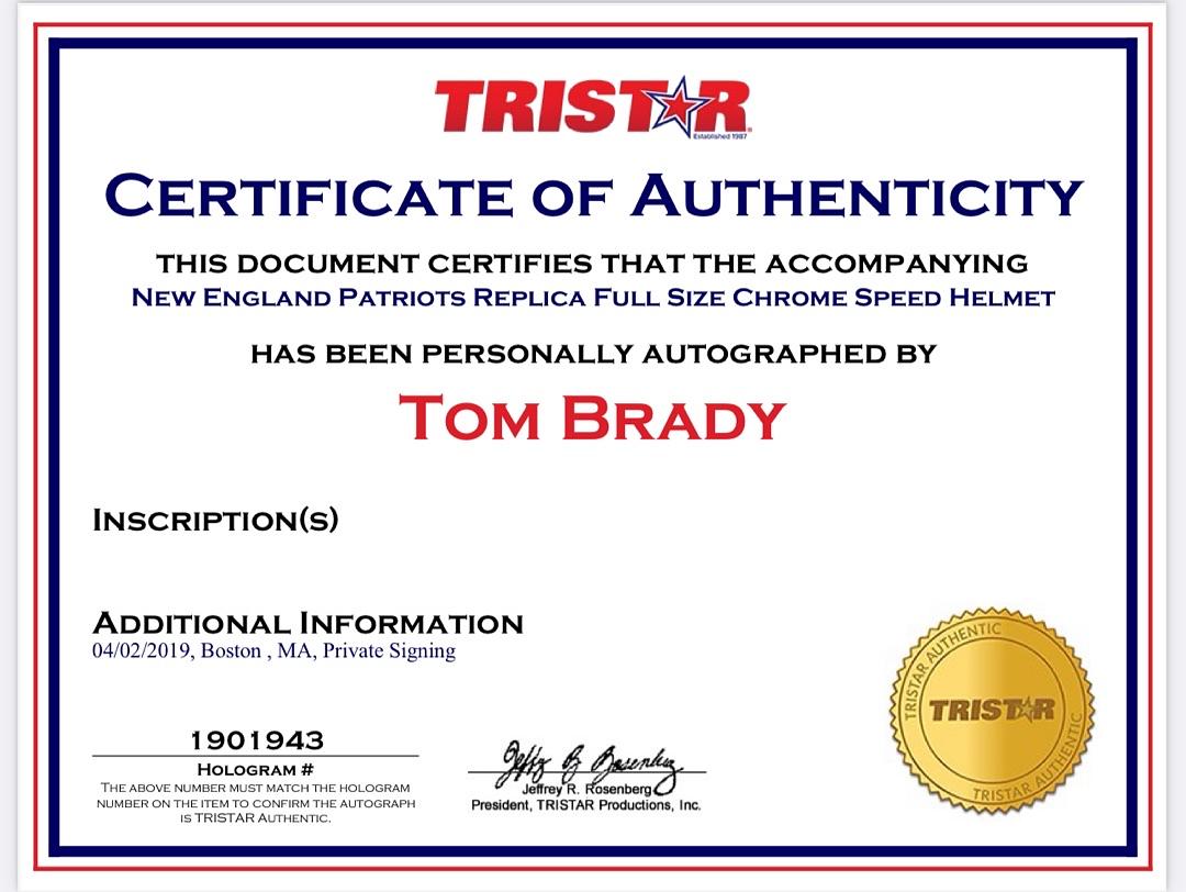 Tom Brady Autographed Full Size Chrome Replica Footbal Helmet Tristar & GOAT COA