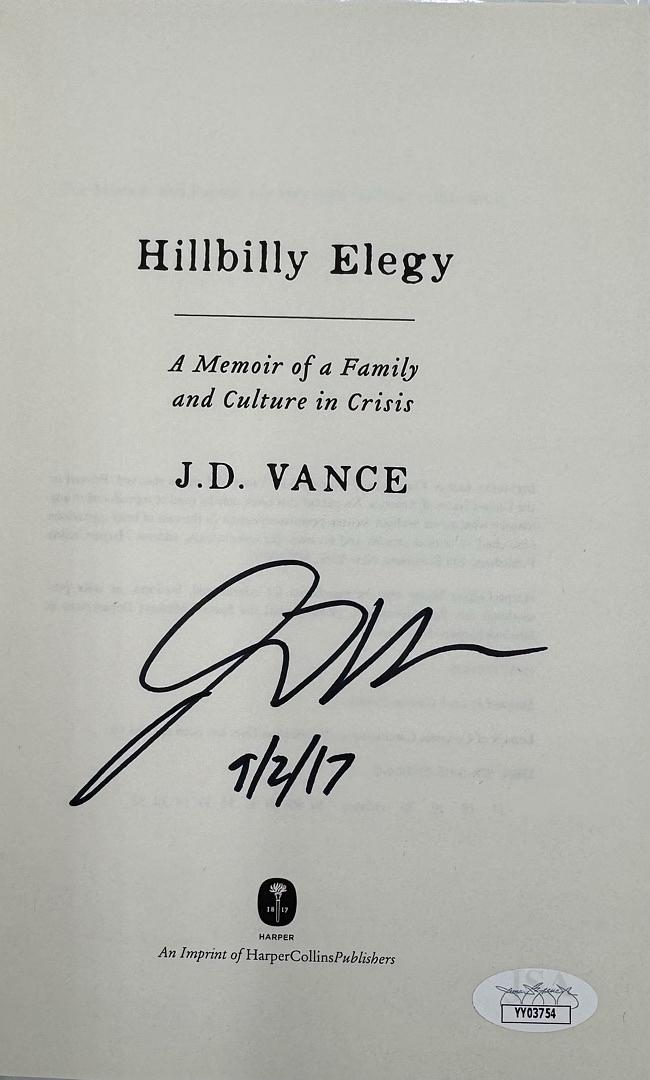 JD Vance (Vice-President) Signed "Hillbilly Elegy" Book #02