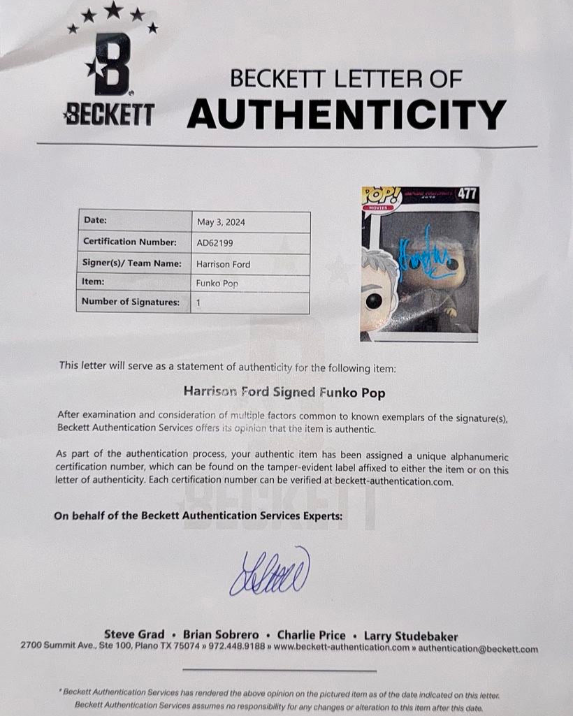 Harrison Ford Signed Funko Pop #477 "Deckard" Blade Runner - Beckett COA w/full letter of authenticity