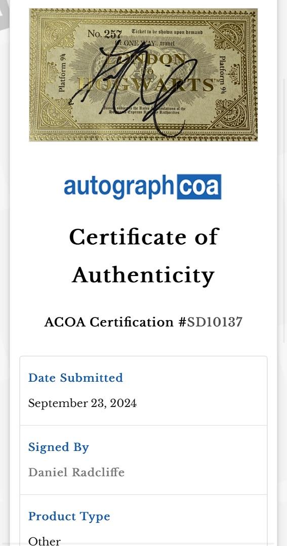 Daniel Radcliffe Signed Replica Hogwarts Train Ticket - ACOA #02