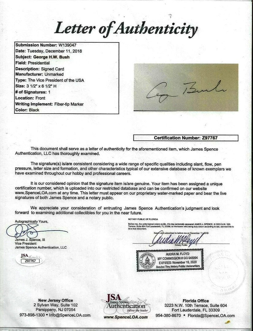 George Bush Signed Vice President Seal Card - JSA COA w/full letter of authenticity