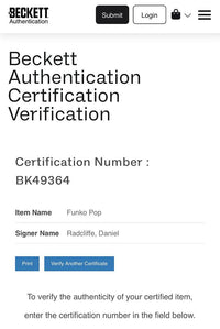Daniel Radcliffe Signed Funko Pop #149 "Harry Potter" (Blue Ink) - Beckett COA #04