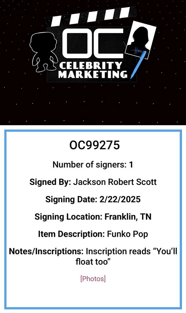 Jackson Robert Scott Signed Funko Pop #536 "Georgie Denbrough" (IT) w/Inscription - OCC Celebrity Marketing #04