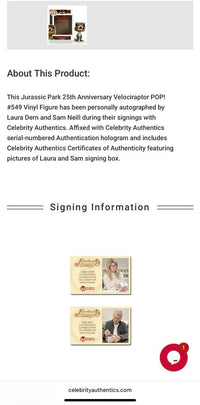 Laura Dern & Sam Neill Signed 25th Anniversary Funko Pop #549 (Jurassic Park) -  Celebrity Authentics #02
