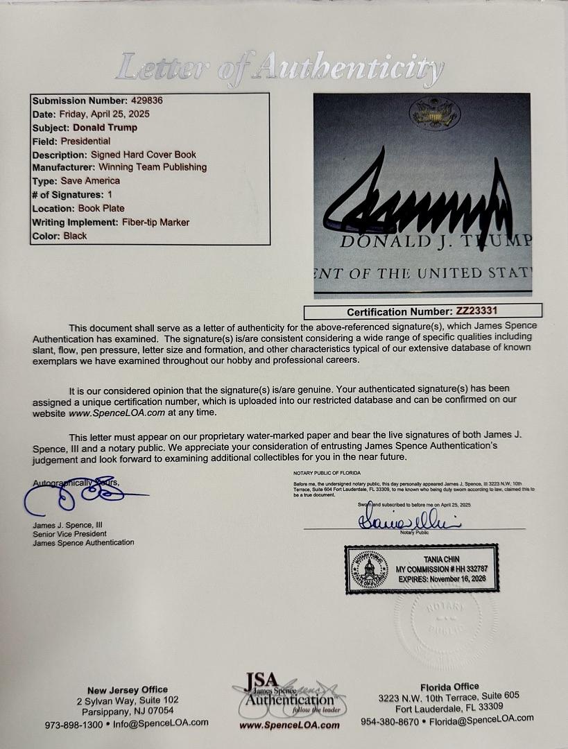 Donald Trump Autographed Save America Book Signed Hardcover - JSA COA #07
