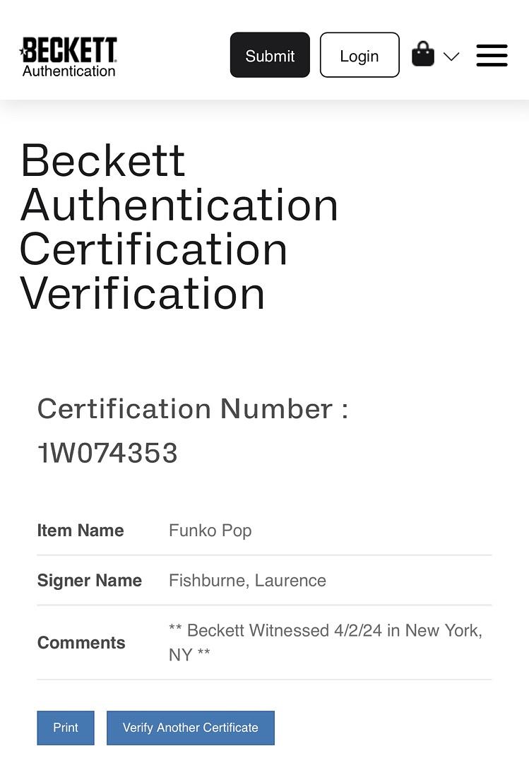 Laurence Fishburne Signed Funko Pop #159 Morpheus (The Matrix) - Beckett COA