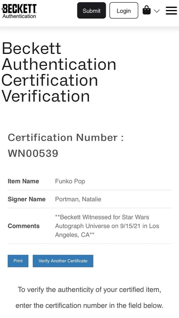 Natalie Portman Signed Funko Pop #237 Padme Amidala - Beckett COA