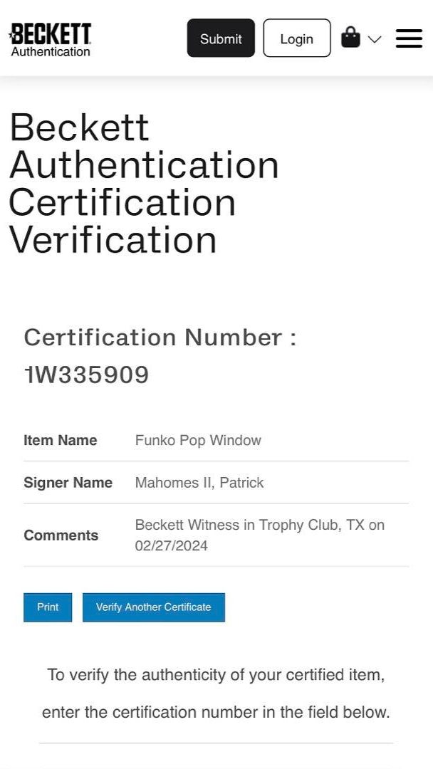 Patrick Mahomes Signed Kansas City Chiefs Funko Pop (White Ink) #148 - PSA Graded Near Mint, Authenticated / Encapsulated - Beckett & PSA COA
