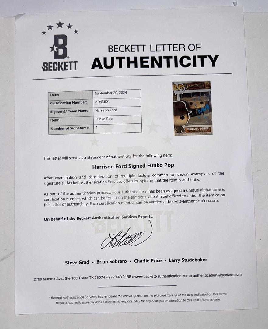 Harrison Ford Signed Funko Pop #1355 (Indiana Jones) - Beckett COA w/full letter of authenticity