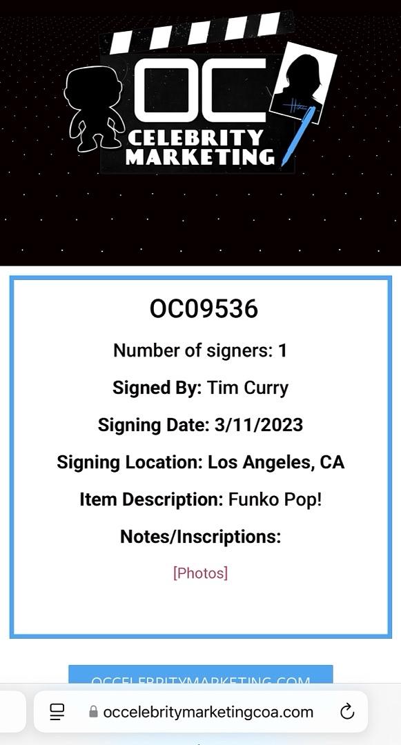 Tim Curry Signed Funko Pop #55 "Pennywise" (IT) Entertainment Earth Exclusive - Beckett COA #02