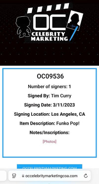 Tim Curry Signed Funko Pop #55 "Pennywise" (IT) Entertainment Earth Exclusive - Beckett COA #02