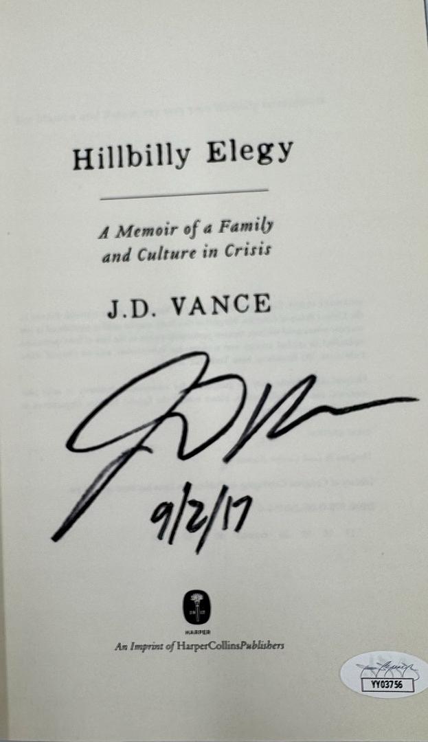 JD Vance (Vice-President) Signed "Hillbilly Elegy" Book #01