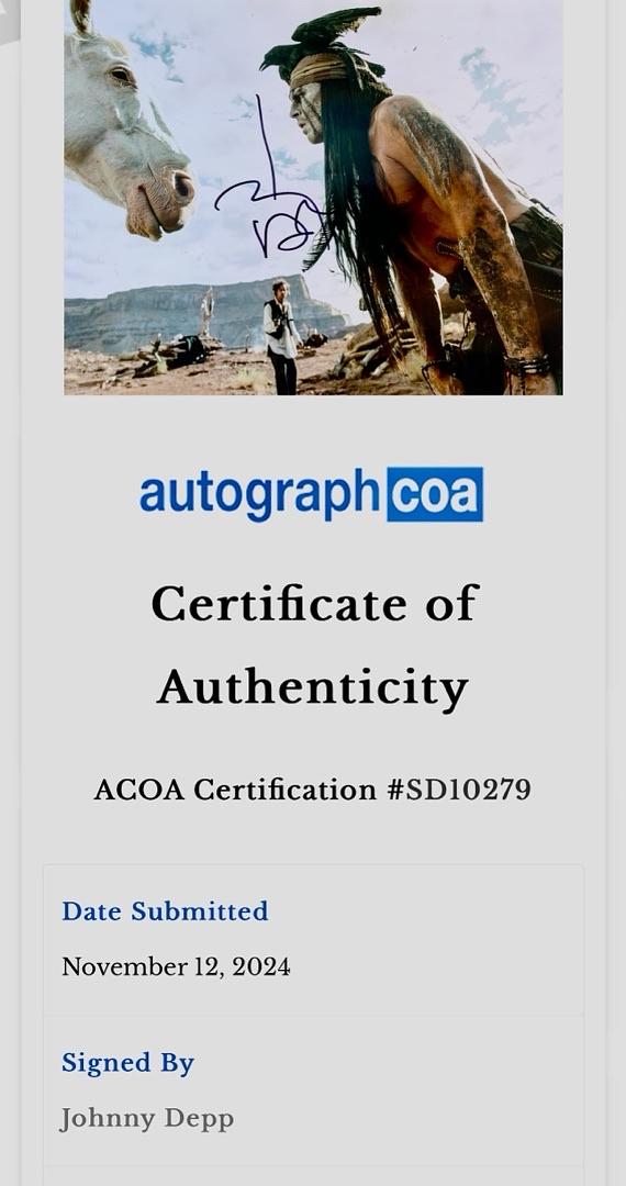 Johnny Depp Signed 8x10 Photo (The Lone Ranger) - ACOA