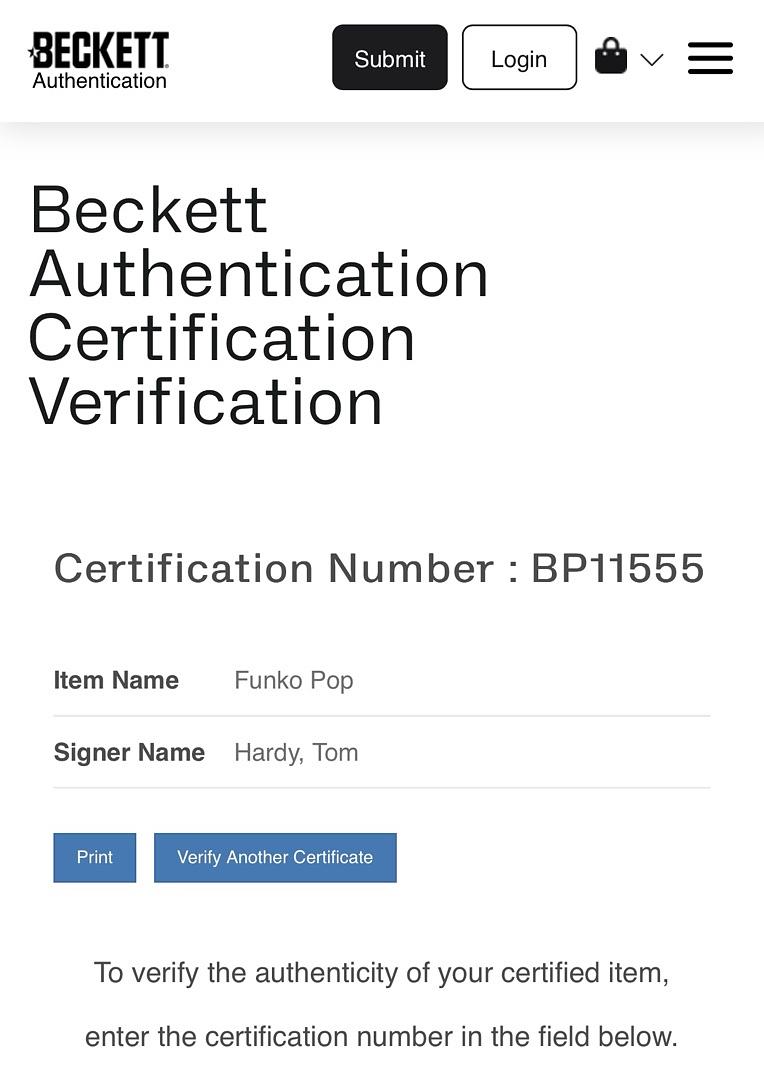 Tom Hardy Signed Funko Pop #533 "Bane" (Dark Knight Rises) - Beckett COA #01