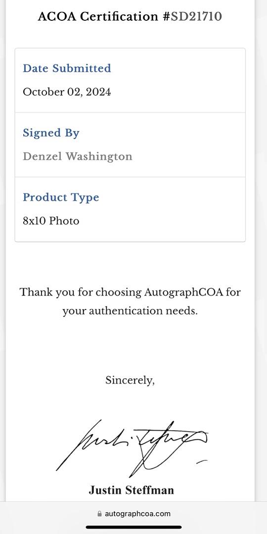 Denzel Washington Signed 8x10 Photo (The Hurricane) - ACOA