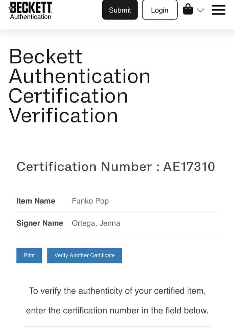 Jenna Ortega Signed Funko Pop #1309 "Wednesday Addams" *RARE* - Beckett COA with full letter of authenticity