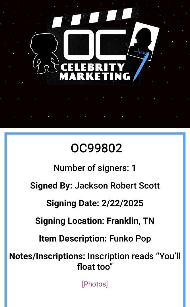 Jackson Robert Scott Signed Funko Pop #536 Chase Variant "Georgie Denbrough" (IT)  - OCC Celebrity Marketing