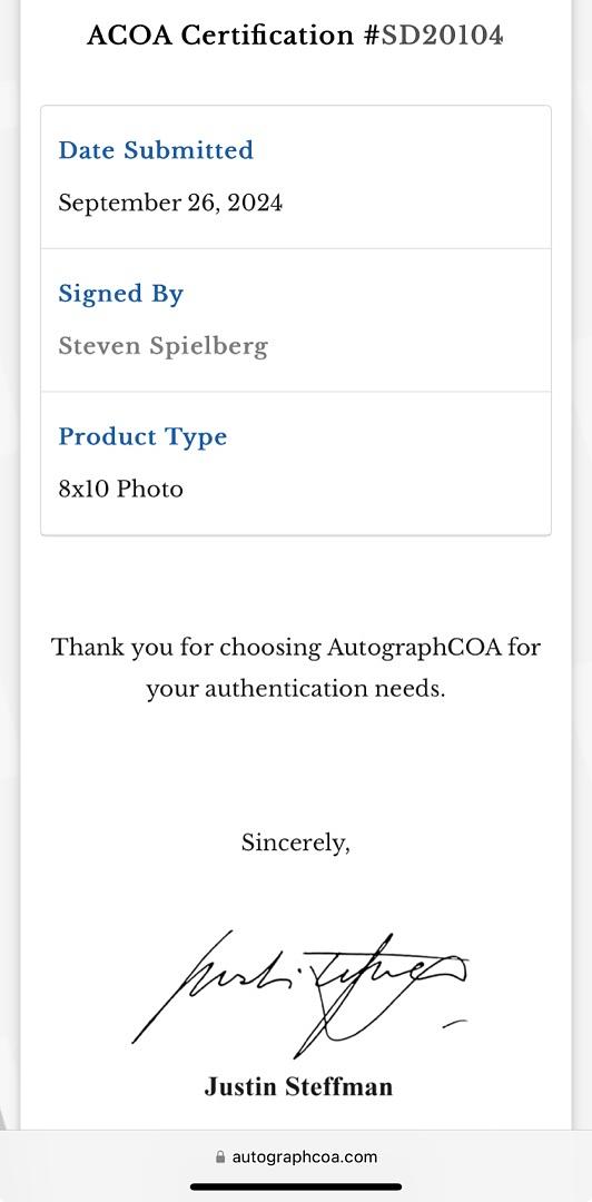 Steven Spielberg Signed 8x10 Photo - ACOA #03