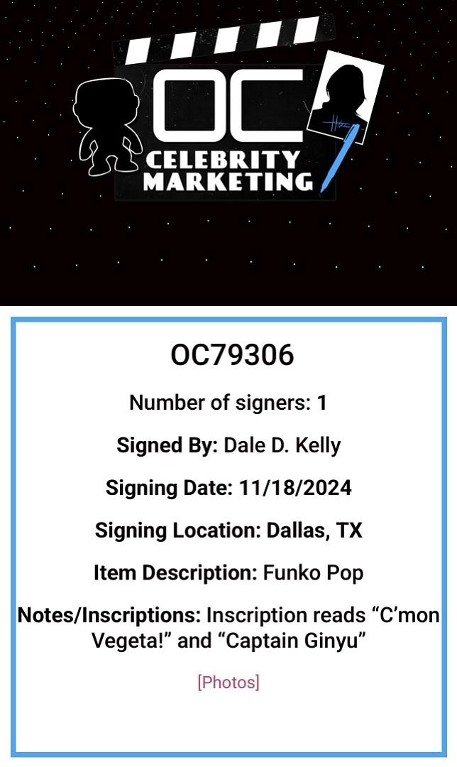 Dale Kelly Signed Funko Pop #1493 "Ginyu" (Dragonball Z) - OC Celebrity Marketing