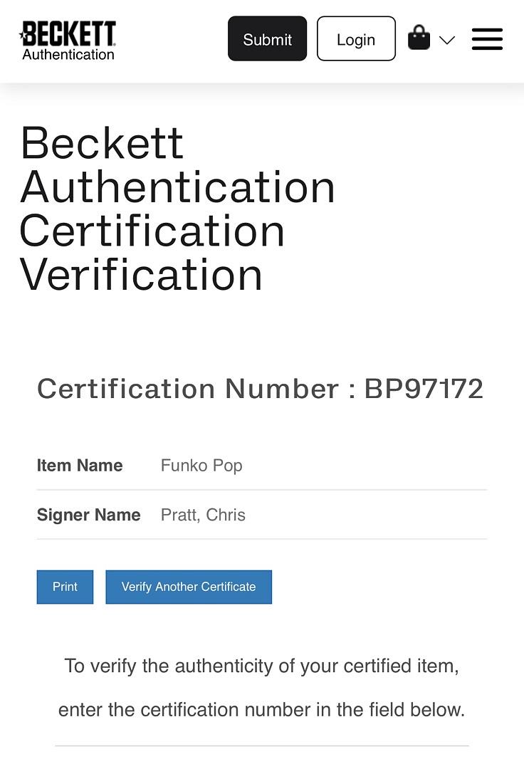 Chris Pratt Signed Funko Pop #1240 "Star Lord" GOTG - Beckett COA #02